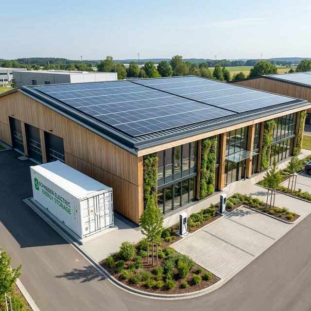 Modernes Industriegebäude mit PV und Stromspeicher